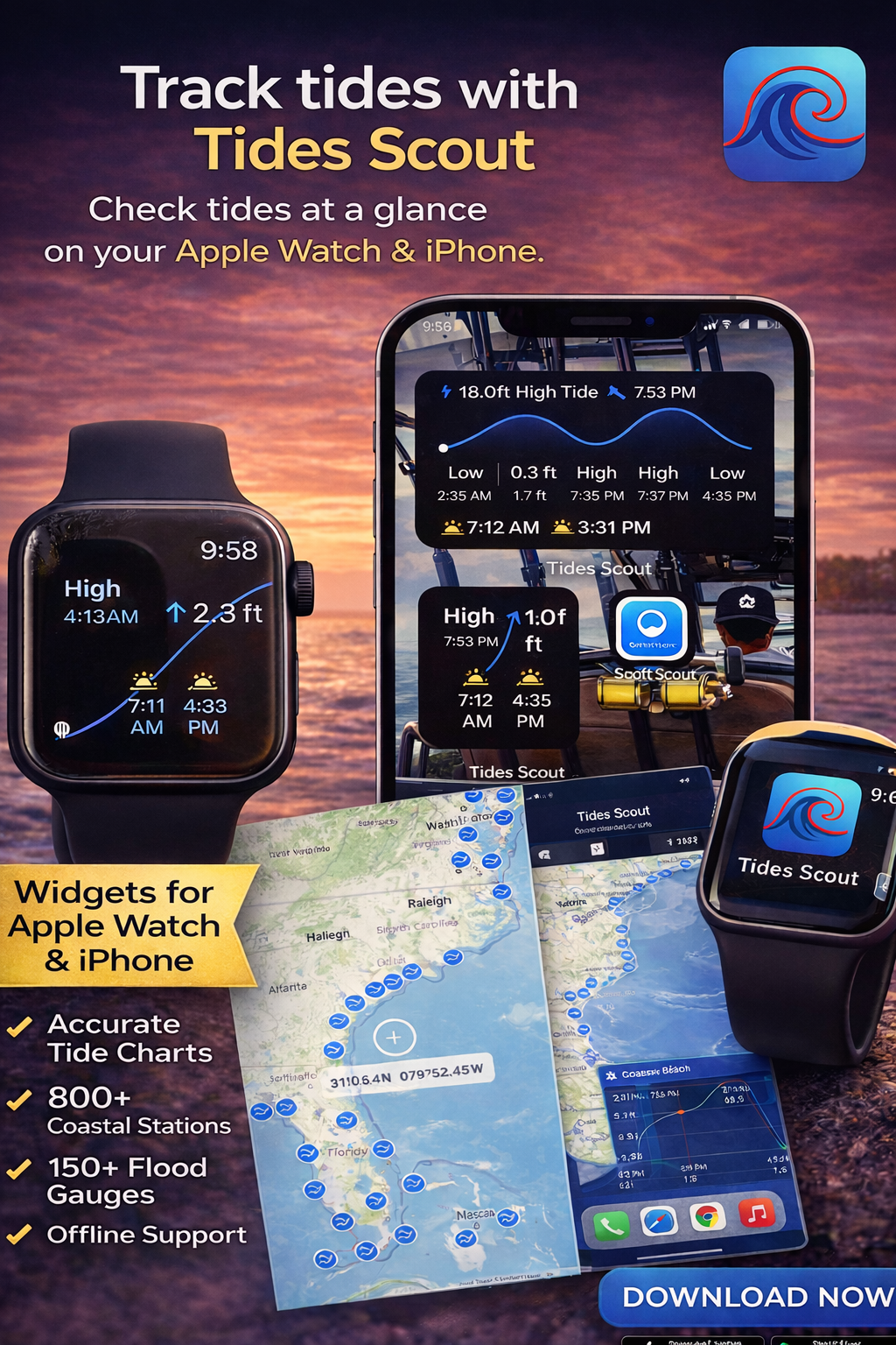 Tides Scout on Apple Watch and iPhone — tide charts, widgets, and map