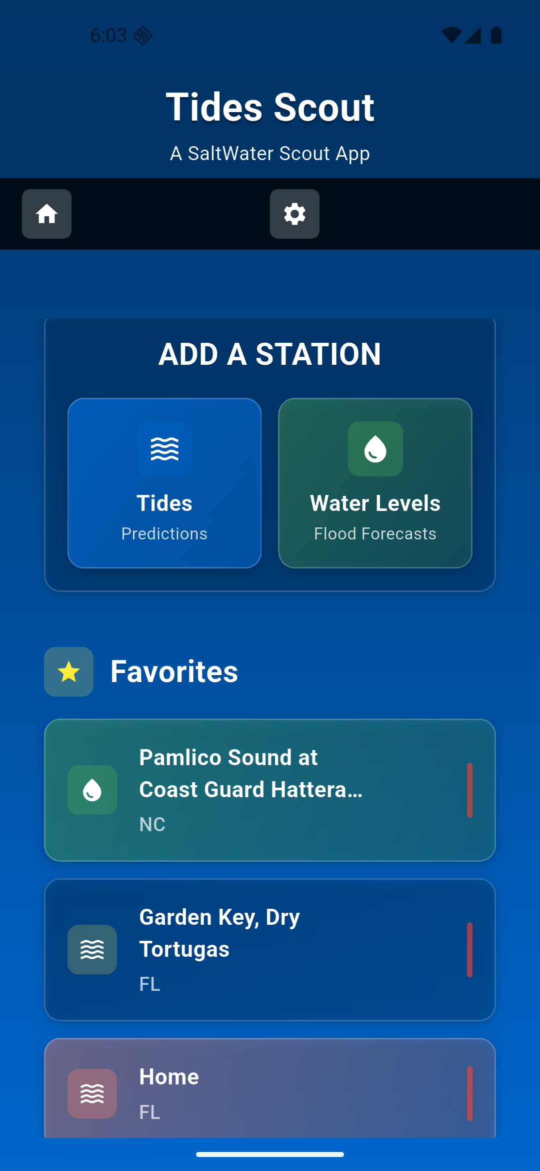 Favorites and Add a Station screen in Tides Scout