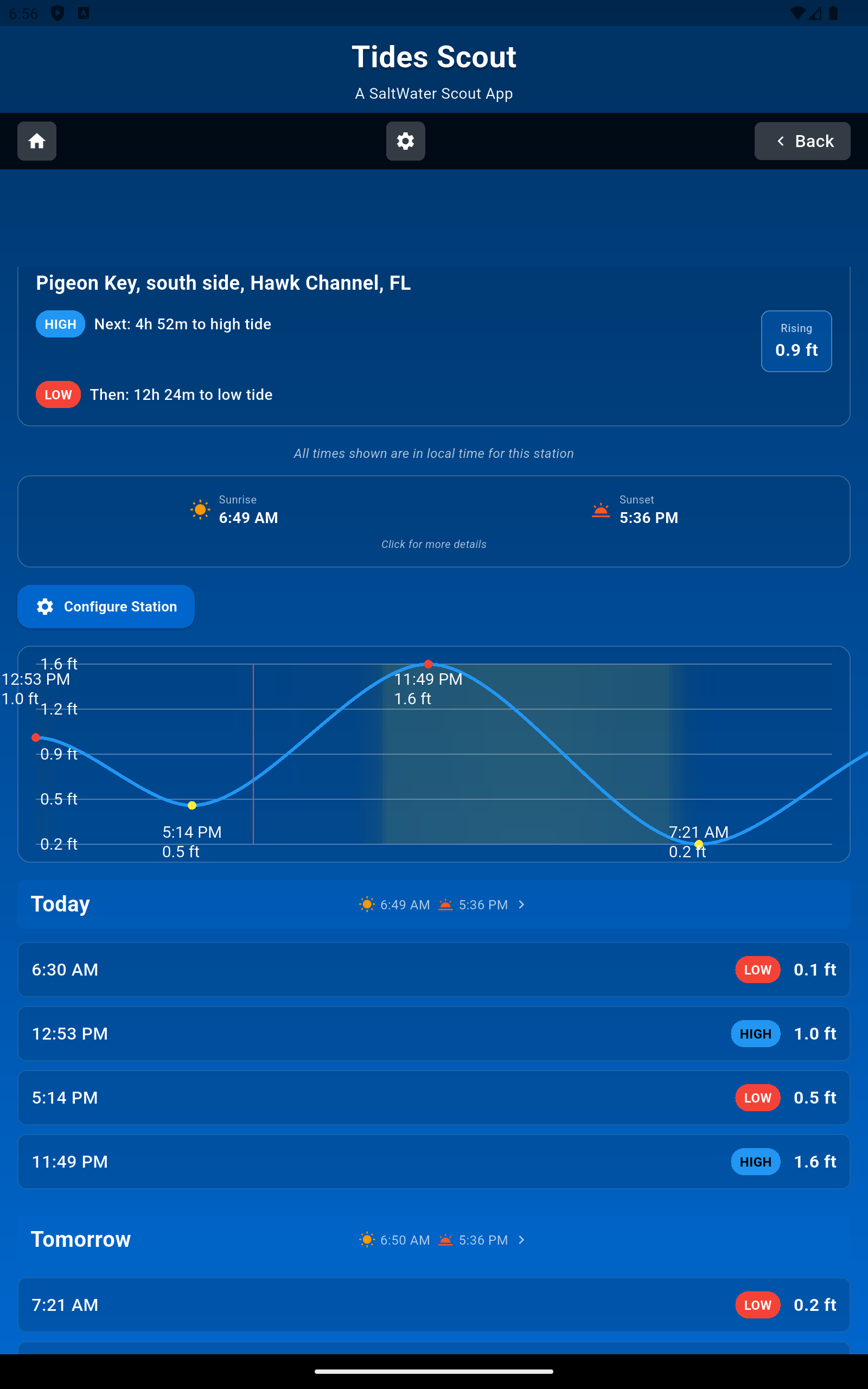 Interactive tide chart with high and low times