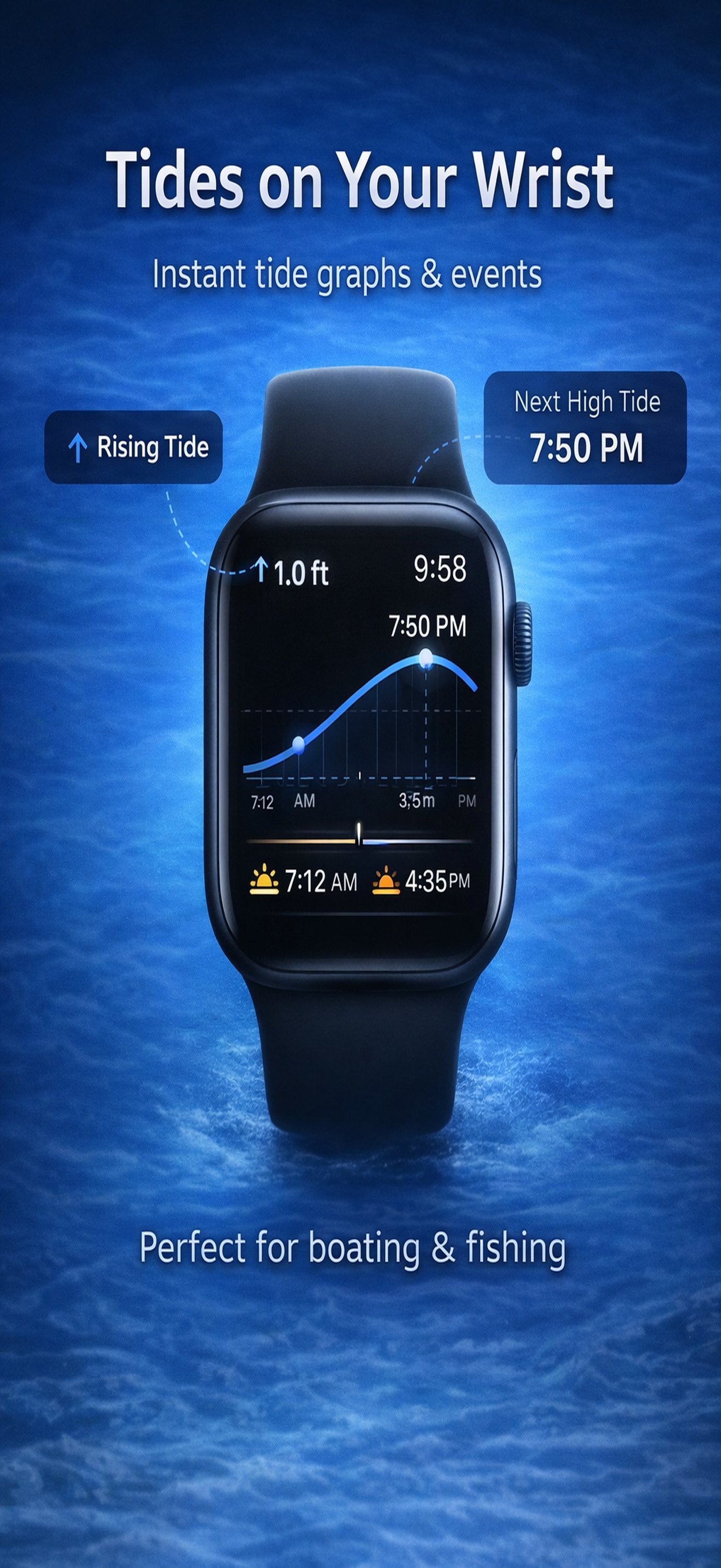 Apple Watch showing Tides Scout tide graph and next high tide