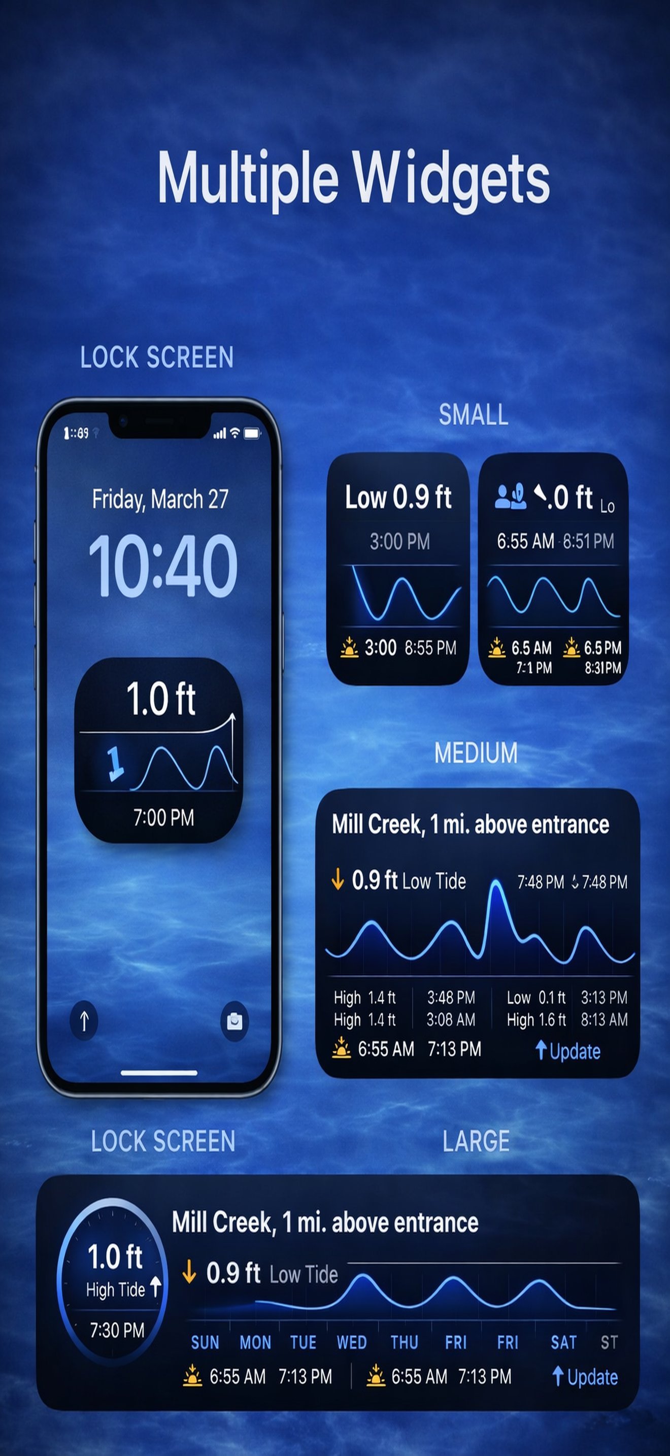 Tides Scout widgets on iPhone — small, medium, large, and Lock Screen
